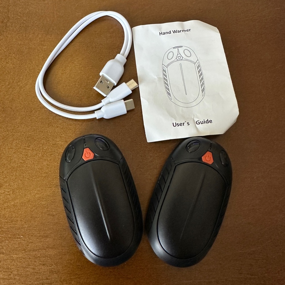 rechargeable hand warmers with charging cord and instruction manual